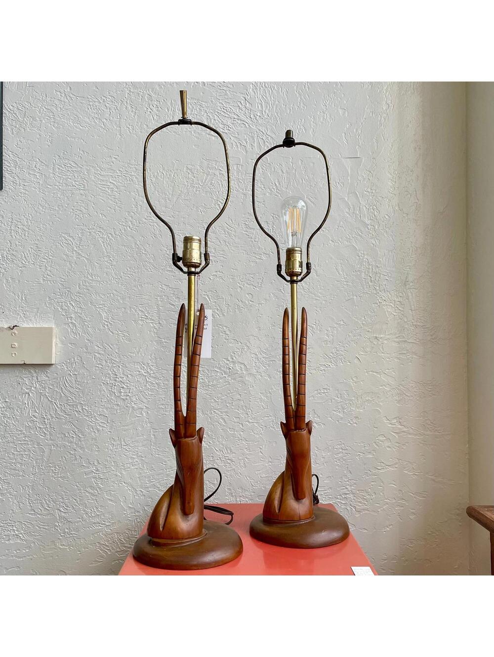 Sculpted Teak Wood Mid-Century Modern Antelope Table Lamps - Set of 2